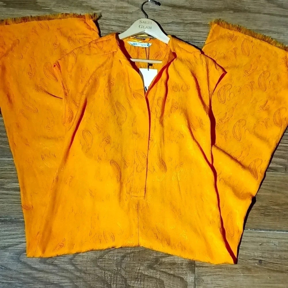 Zara textured ankle jumpsuit jacquard collared raw hem orange size xs - Picture 6 of 9